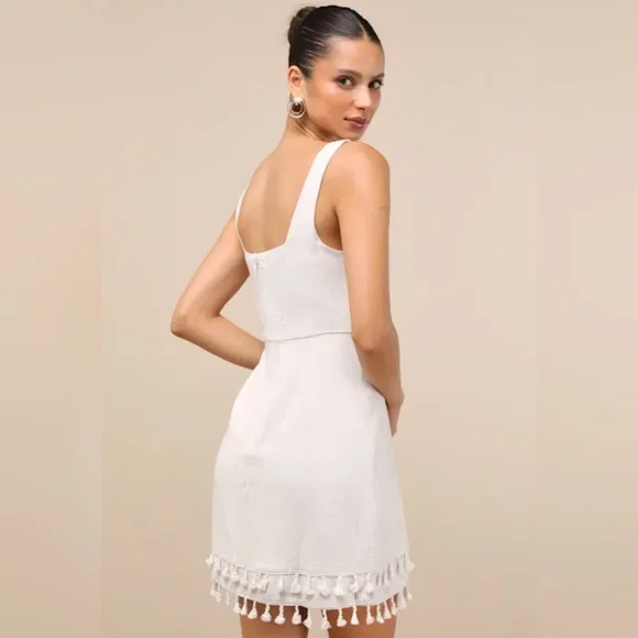 Chic Beige Cream Linen Pom Pom Women’s Midi Dress Lulu’s Boho Large - Picture 7 of 16